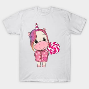 Cute unicorn in a pink coat with a lollipop. T-Shirt